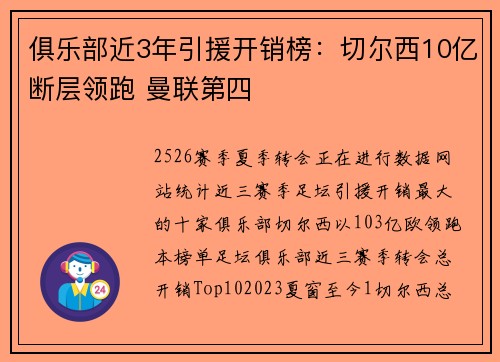 俱乐部近3年引援开销榜：切尔西10亿断层领跑 曼联第四